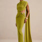 Women Draped High Neck One Long Sleeve Cutout Waist Maxi Dress Slim Backless Mermaid Formal Evening Party Dress