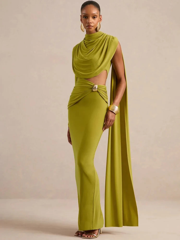 Women Draped High Neck One Long Sleeve Cutout Waist Maxi Dress Slim Backless Mermaid Formal Evening Party Dress