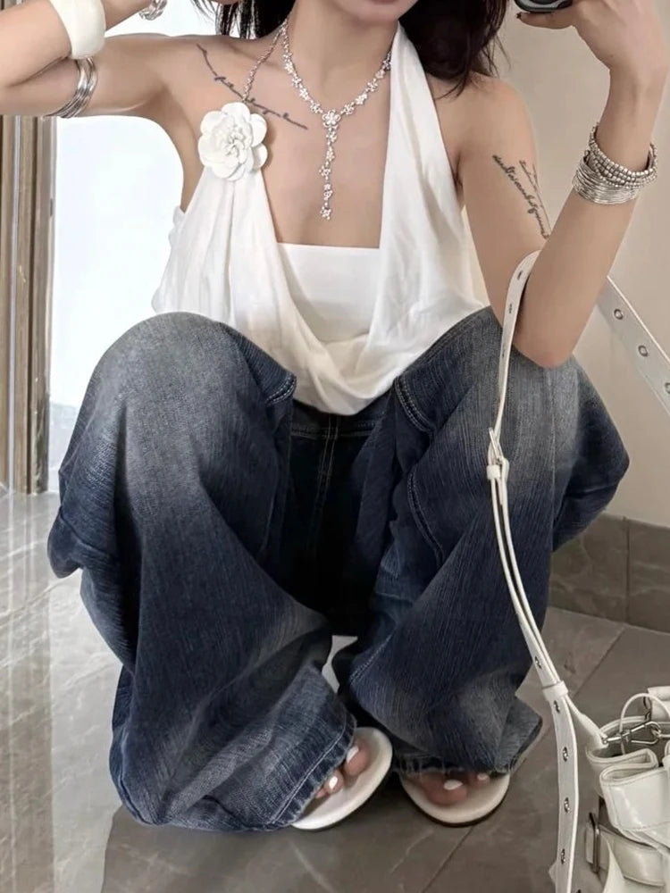 Y2K Chic Tube Top+Swing Collar Vest Chain Halter Sexy Backless Sleeveless 3d Flowers Daily Summer Trend Commute Tees