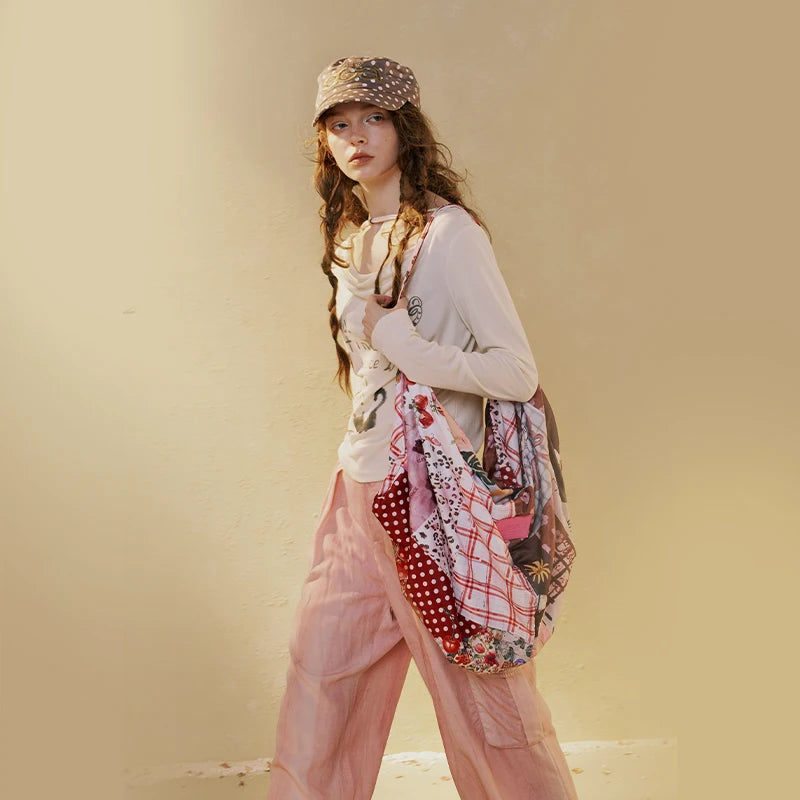 Women's Patchwork Mixed Print Canvas Shoulder Tote Bag with Adjustable Strap, Multi Pattern Large Casual Shopper Bag