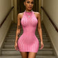 Sleeveless See Through Jacquard Dress Women Sexy Backless Halter Bandages Trend Fashion Midnight Club Street Bodycon