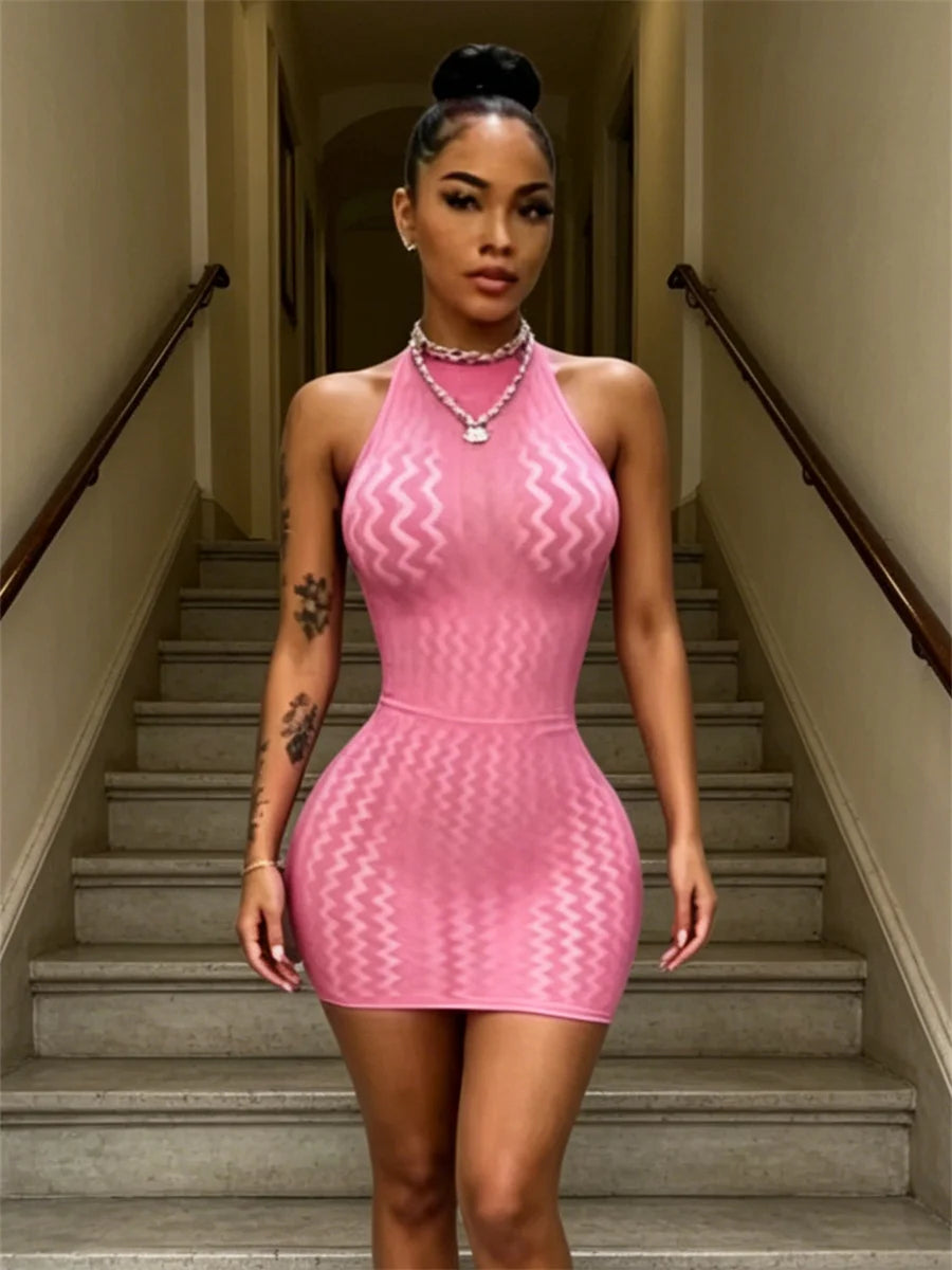 Sleeveless See Through Jacquard Dress Women Sexy Backless Halter Bandages Trend Fashion Midnight Club Street Bodycon
