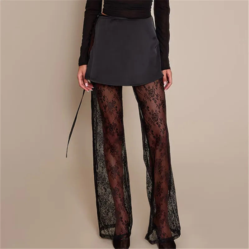 Women's Skirted Trousers Elastic Waist Wide Leg See Through Fashion Lace Floral Bloomer Pants Y2K Vintage Streetwear