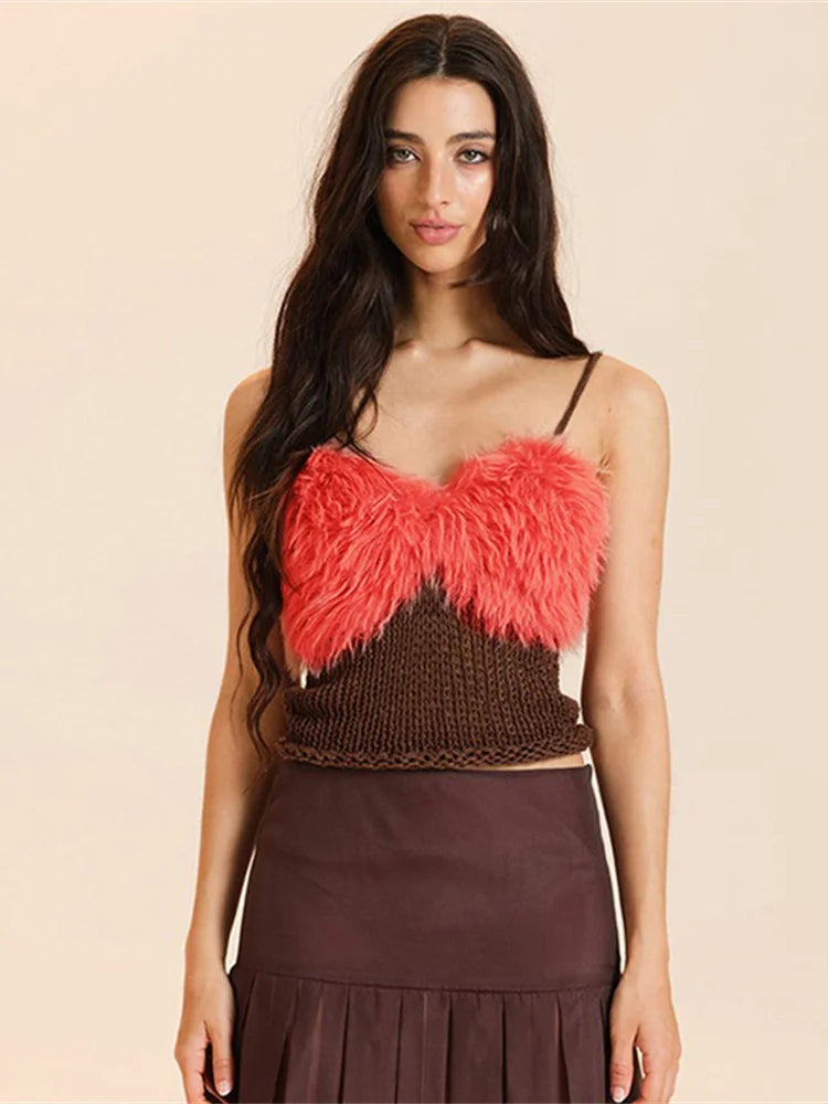 Knit Furry Tank Tops Women Sweet V-Neck Contrast Patchwork Rolled Hem Vacation Midnight Party Club Basic Slim Vest