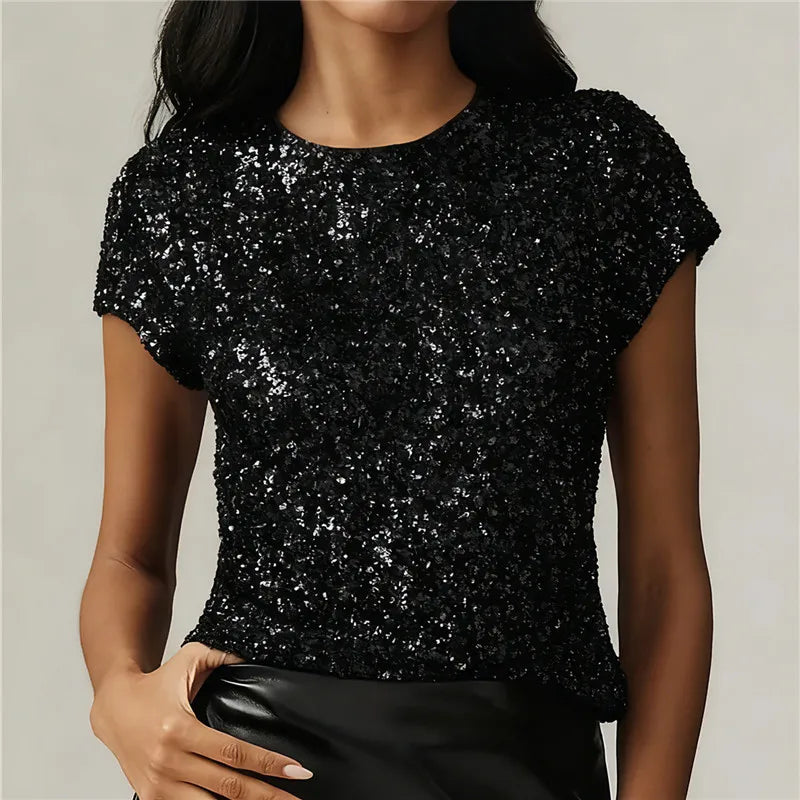 Women Sequin Glitter T Shirts Short Sleeve Round Neck Slim Fit Tee Tops Shiny Sparkly Party Club Shirts Y2K Streetwear