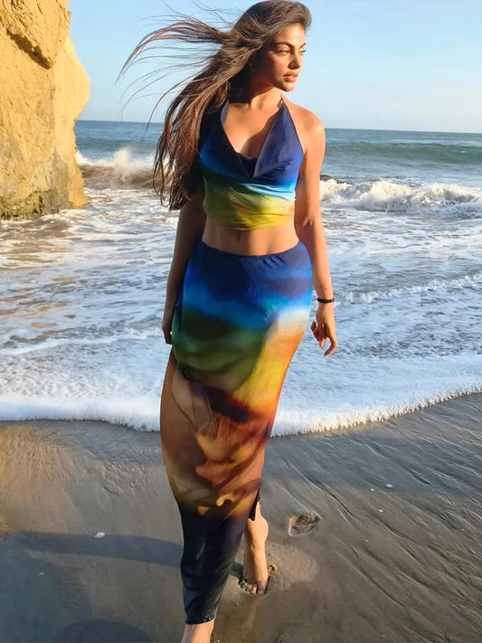 Party Colorful Print 2-Piece Set Women Sleeveless Swing Collar Tank Tops+Skirts Classic Elegant Skinny Matching Clubwear