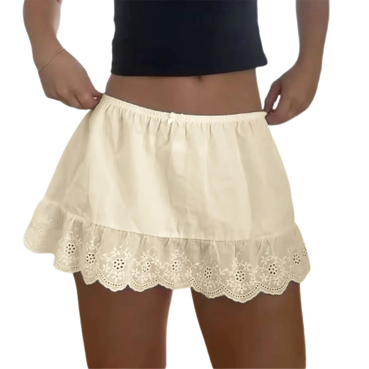 Women Y2k Lace Trim Mini Skirt Floral Eyelet Embroidery Half Slip Underskirts Cute Low Rise Summer Skater Skirt