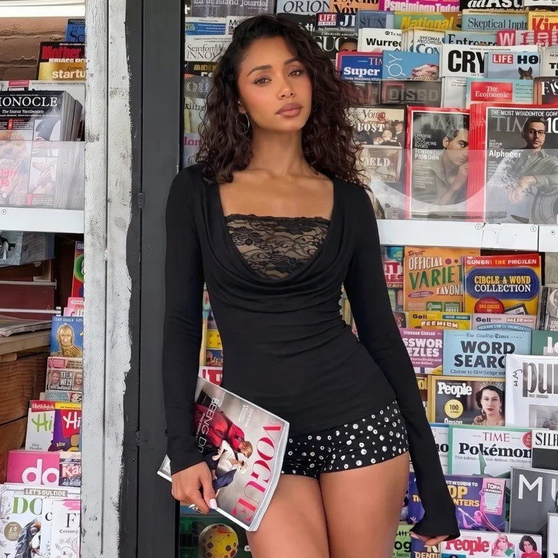 Y2k Shirts for Woman Draped Cowl Neck Long Sleeve Top with Lace Tube Top Two Piece Set White Black Fall 2026