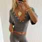Double Front Back Deep V Button Detail Cropped Top Half Sleeve Ruched Waist Slim Fit Stretch Y2K Going Out Crop Blouse