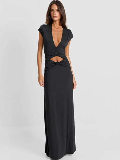 Deep V Cap Sleeve Maxi Dress Women Twist Ruched Waist Cut Out Bodycon Long Dress Night Out Wedding Guest Party Gown