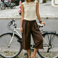 Casual Loose Wide Leg Capri Trousers Elastic Waistband Side Pockets Adjustable Drawstring Hem Baggy Cropped Culottes