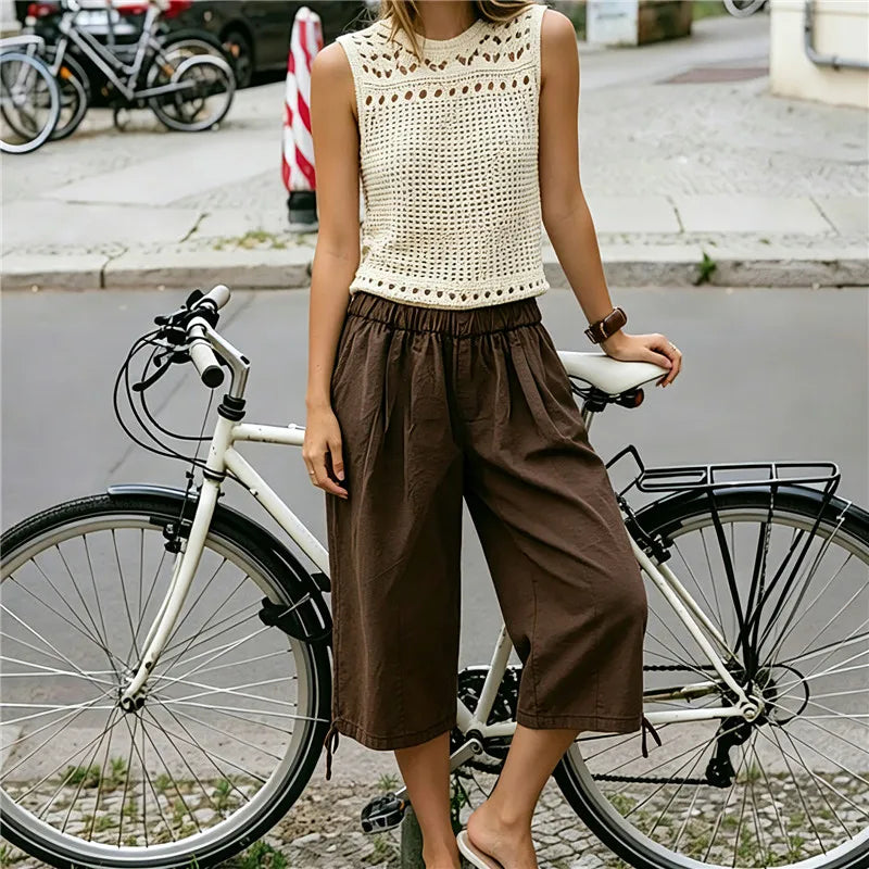 Casual Loose Wide Leg Capri Trousers Elastic Waistband Side Pockets Adjustable Drawstring Hem Baggy Cropped Culottes