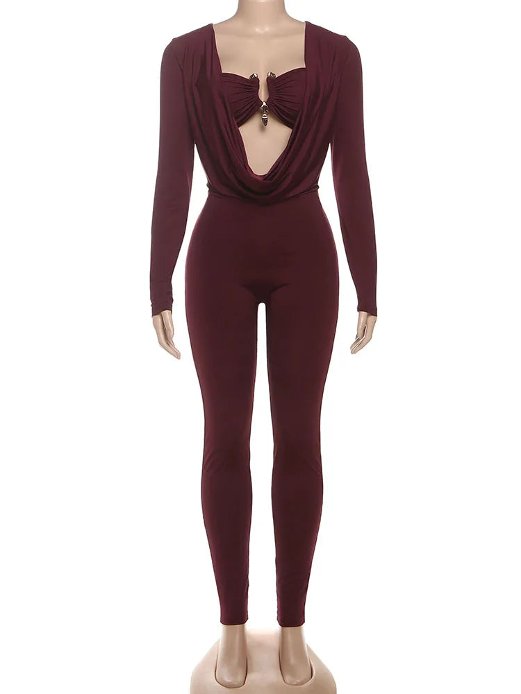 Sexy Jumpsuits Women Metal Decoration Swing Collar Long Sleeve Slim Peach Hip Midnight Street Clubwear Party Overalls