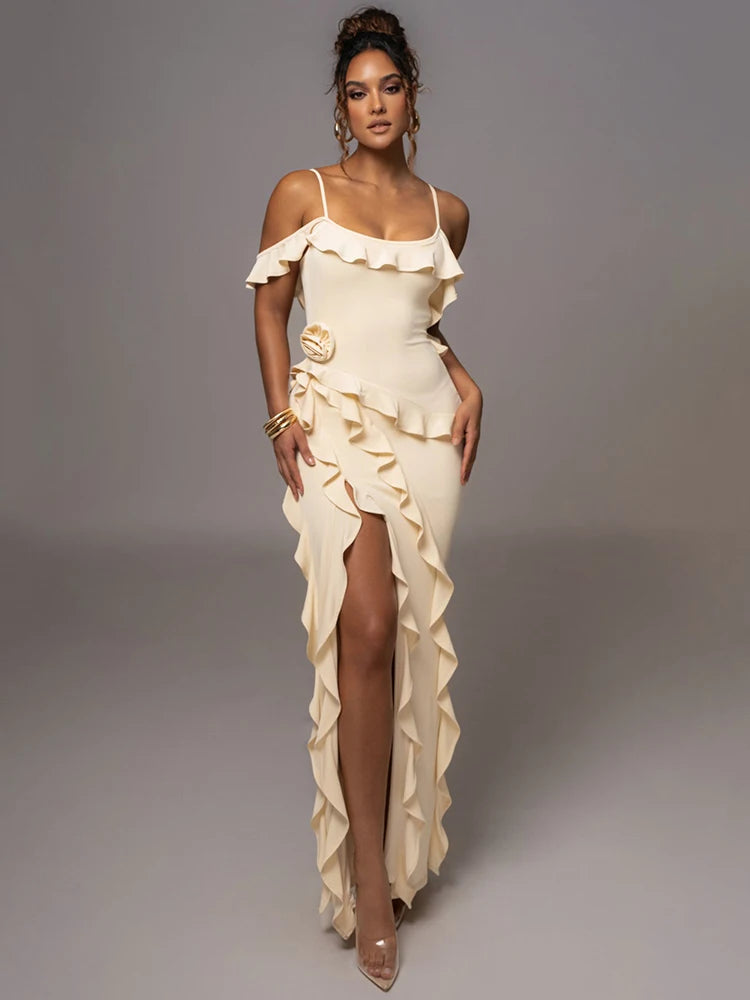 Elegant Ruffle Sexy Maxi Dress Women Spaghetti Strap Flower Sleeveless Backless High Split Club Party Evening Dress