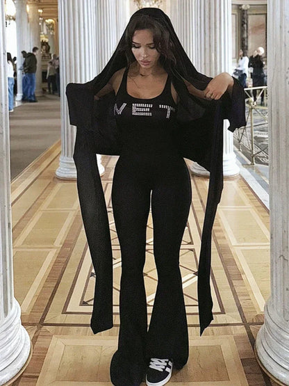 Rhinestone Wet Sleeveless Flare Jumpsuits Black One Piece Clothes Sexy Jumpsuit for Womens 2024 Club Outfits
