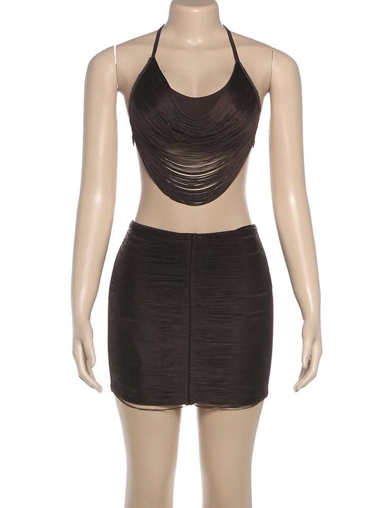 Street Style 2 Piece Set Woman Lace-Up Halter Backless Tassel Design Crop Tops+Mini Skirts Hot Girls Sexy Fashion Outfits