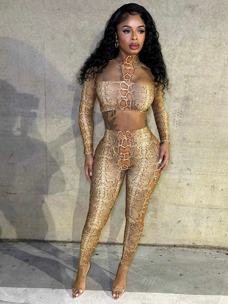Hipster Snake Print 2-Piece Set Women Hollow Backless Chest Wrapped Crop Top+Leggings Sexy Stretch Clubwear Outfits