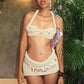 Pearls Twist Knitted Summer Beach 2 Piece Set Chic Women Strapless Halter Lace Backless Crop Tops + Bodycon Mini Skirts