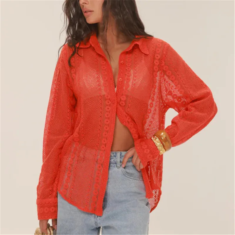 Vintage Long Sleeve Blouses Summer Casual Elegant Ladies Blusas Boho Beach Hollow Out Lace Blouse Shirt for Women Top