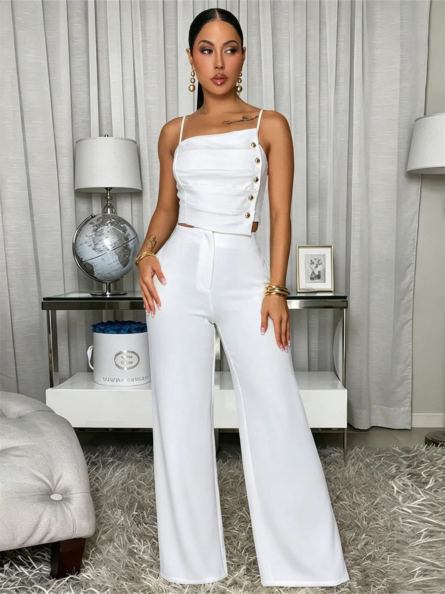 Fashion 2 Piece Set Women Trend Button Patchwork Ruched Square Collar Camisole+Wide-Leg Pants Simple Party Streetwear