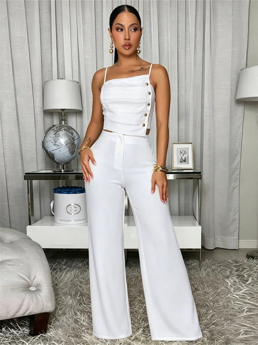 Fashion 2 Piece Set Women Trend Button Patchwork Ruched Square Collar Camisole+Wide-Leg Pants Simple Party Streetwear