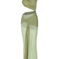Sexy Vacation 2 Piece Sets Green See Through Mesh Patchwork One Shoulder Top and Long Skirt Set Women Outfit