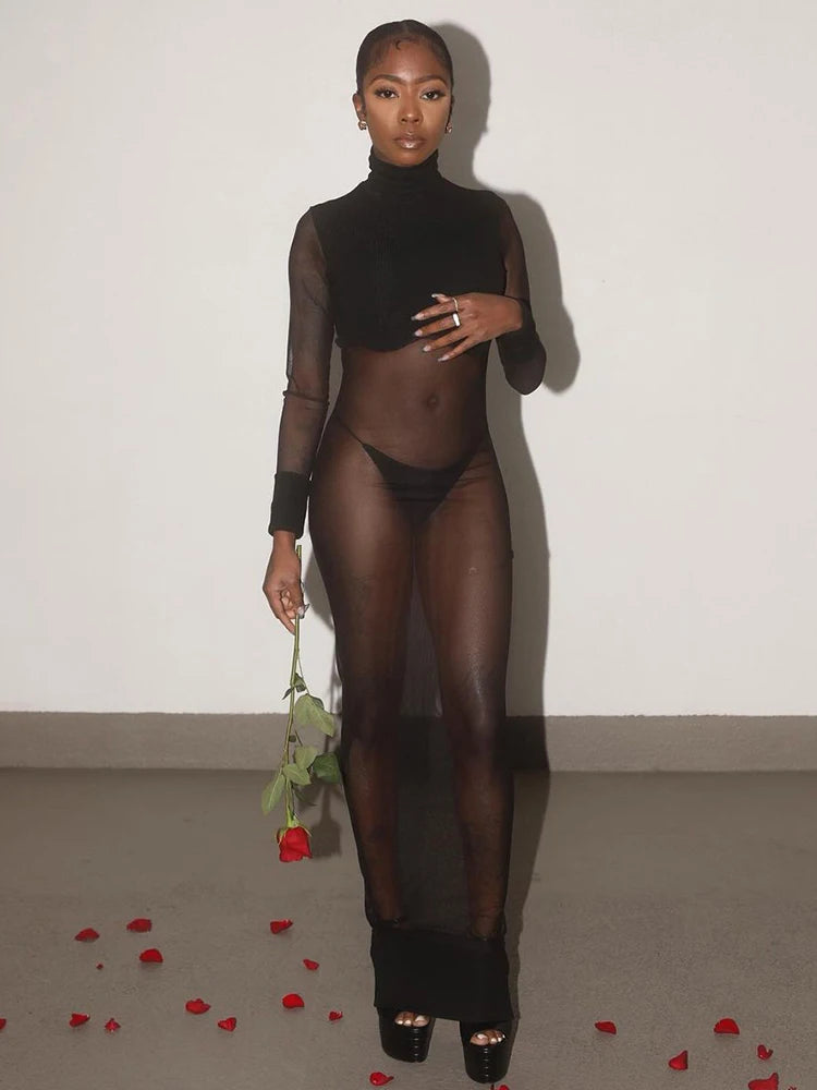 Hot Girl See Through Long Dress+Briefs Woman Turtleneck Full Sleeve High Waist Midnight Club Party Sexy Fashion Vestidos