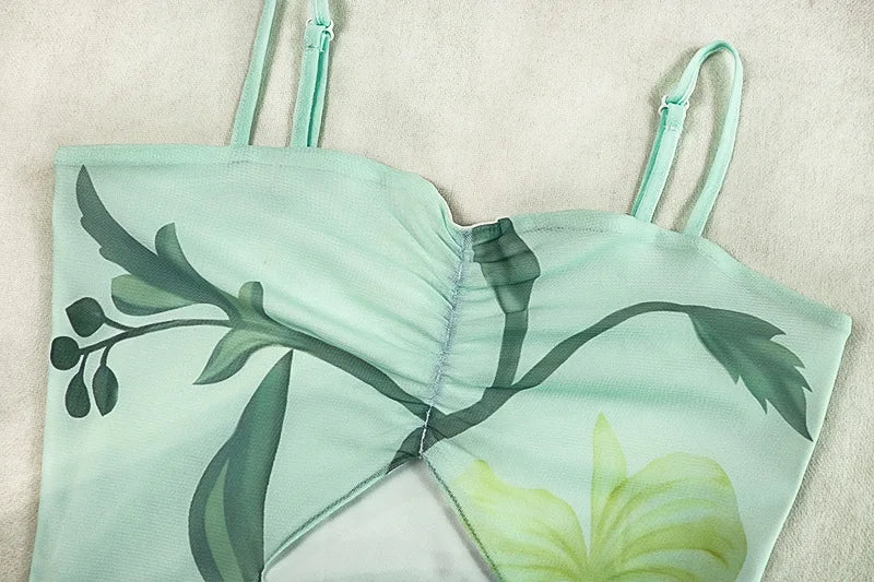 Floral Print Sling Dress+Mesh Scarf Women Sexy Hollow Sleeveless Wrap Buttocks Ruffle Hem Ruched Elegant Long Bodycon