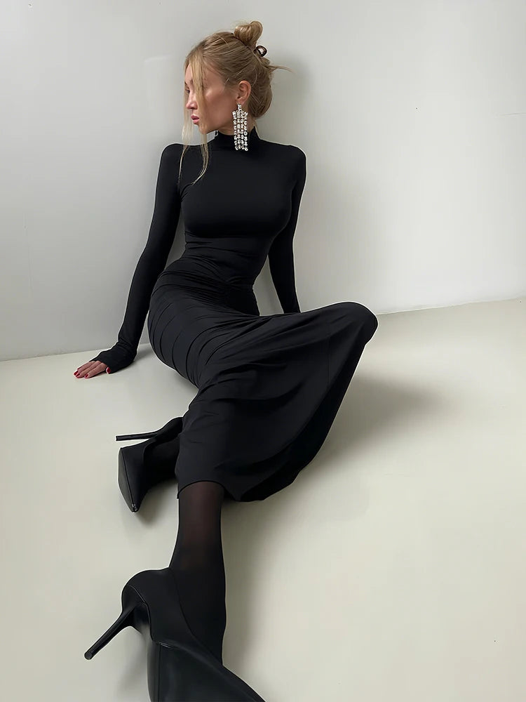 Elegant Turtleneck Dress Women Classic Ruched Fall Trend Full Sleeve Stretch Party Prom Skinny Stretch Slim Vestidos