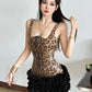 Chic Sequins Leopard Dress Women Y2K Sleeveless Square Collar Tierred Hem Skinny Street Clubwear Hottie Sexy Bodycon