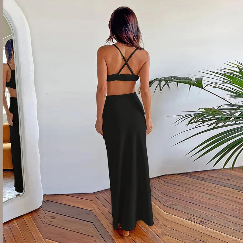 Women Vacation Outfit Club Party Long Skirt Summer Retro Vest Elegant Sexy Hollow Backless Pleated Long Dress