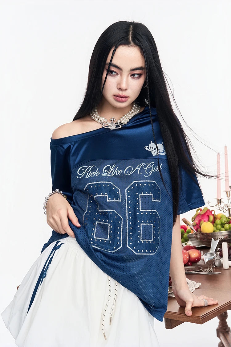 Women's Number Print T-Shirt, Vintage Football Jersey Style Top, Loose Fit Short Sleeve Casual Tee for Summer