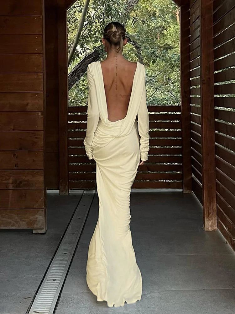 Simple Dress Women Elegant Backless Autumn Trend Vacation Pleats Full Sleeves Stretch Sexy Prom Party Solid Maxi Bodycon