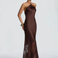 Women Halter Satin Maxi Dress Lace Trim Backless Bodycon Long Evening Party Dress Elegant Formal Wedding Guest Gown