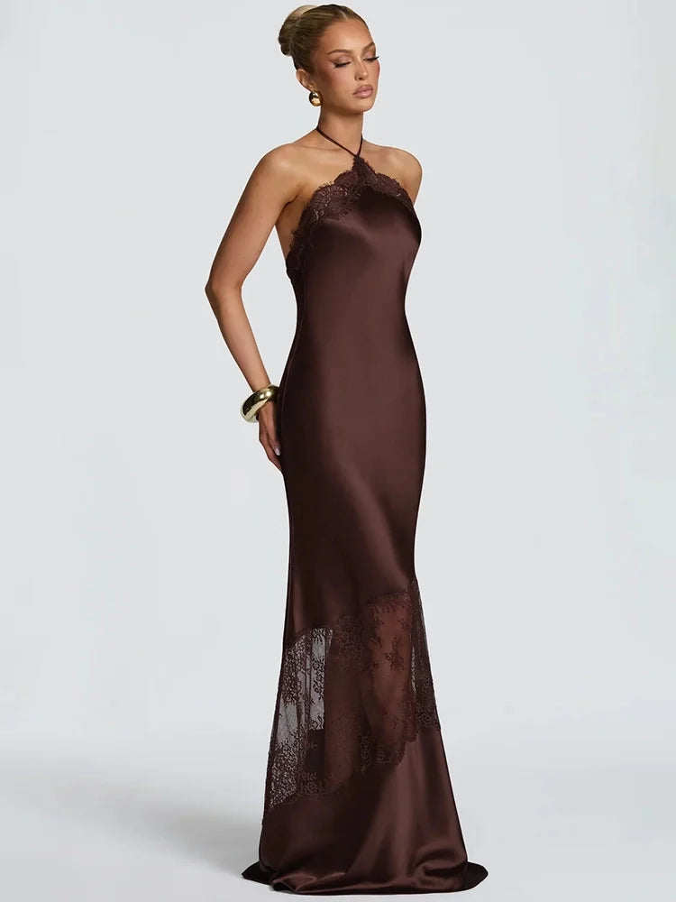 Women Halter Satin Maxi Dress Lace Trim Backless Bodycon Long Evening Party Dress Elegant Formal Wedding Guest Gown