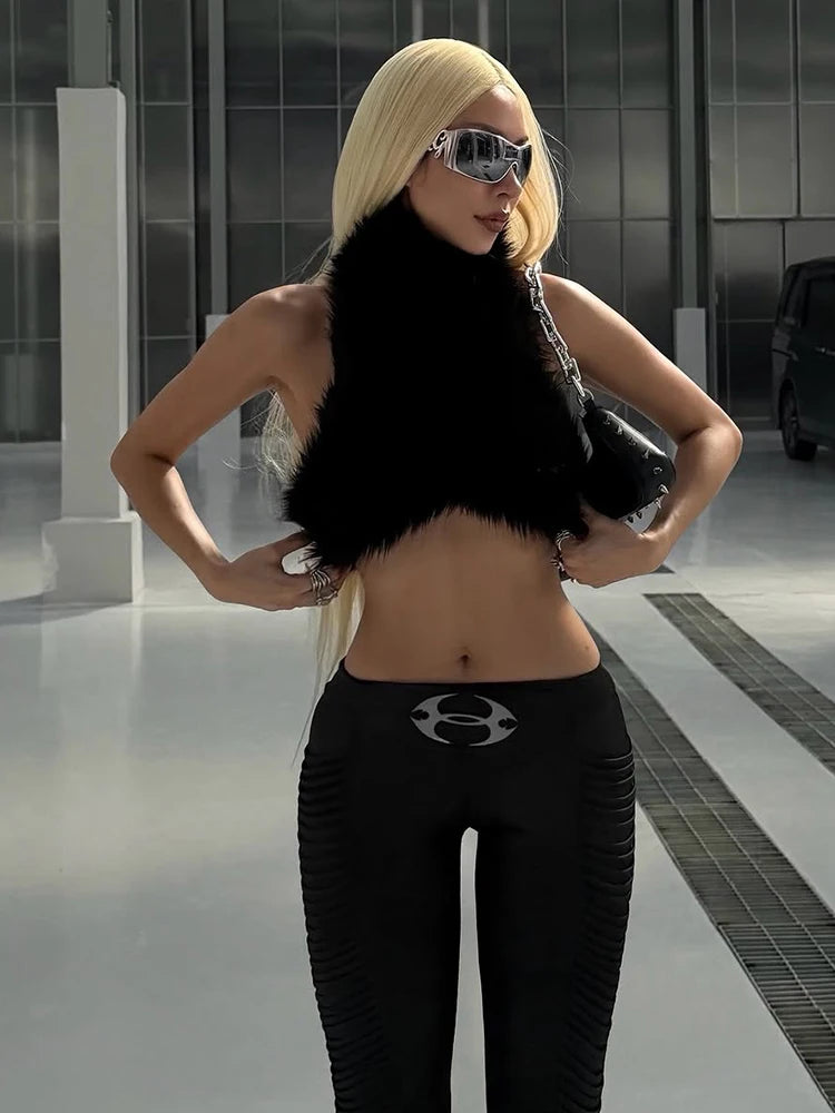 Hottie Turtleneck Furry Tank Top Women Classic Fashion Sleeveless Tassel Midnight Party Clubwear Coquette Sexy Wild Vest