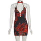 Retro Red Floral Print Halter Cheongsam Dress Sexy Club Outfits Hollow Backless Mini Dresses Woman Clothing