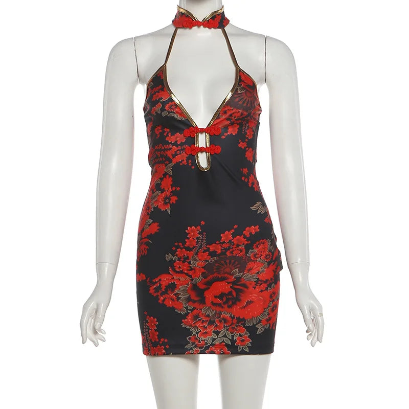 Retro Red Floral Print Halter Cheongsam Dress Sexy Club Outfits Hollow Backless Mini Dresses Woman Clothing