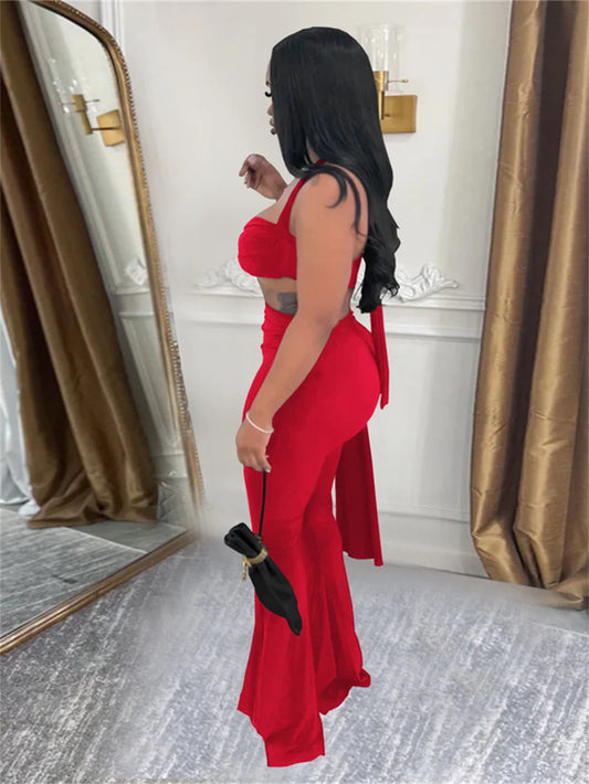 Sexy Ruched 2 Piece Set Women Halter Backless Bra+Metal Casp Ribbon Flared Pants Matching Party Club High Stretch Outfits