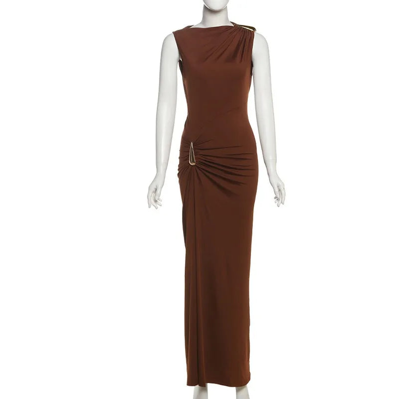 Hardwear Detail Ruched Sleeveless Long Dresses Womens Fashion Elegant Party Maxi Dress Wedding Guest