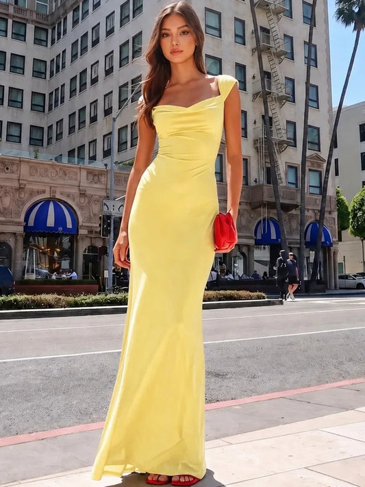 Swinging Collar Mermaid Sexy Maxi Dress Women Elegant Cap Sleeve Back Tie Up Bodycon Club Party Evening Long Dress
