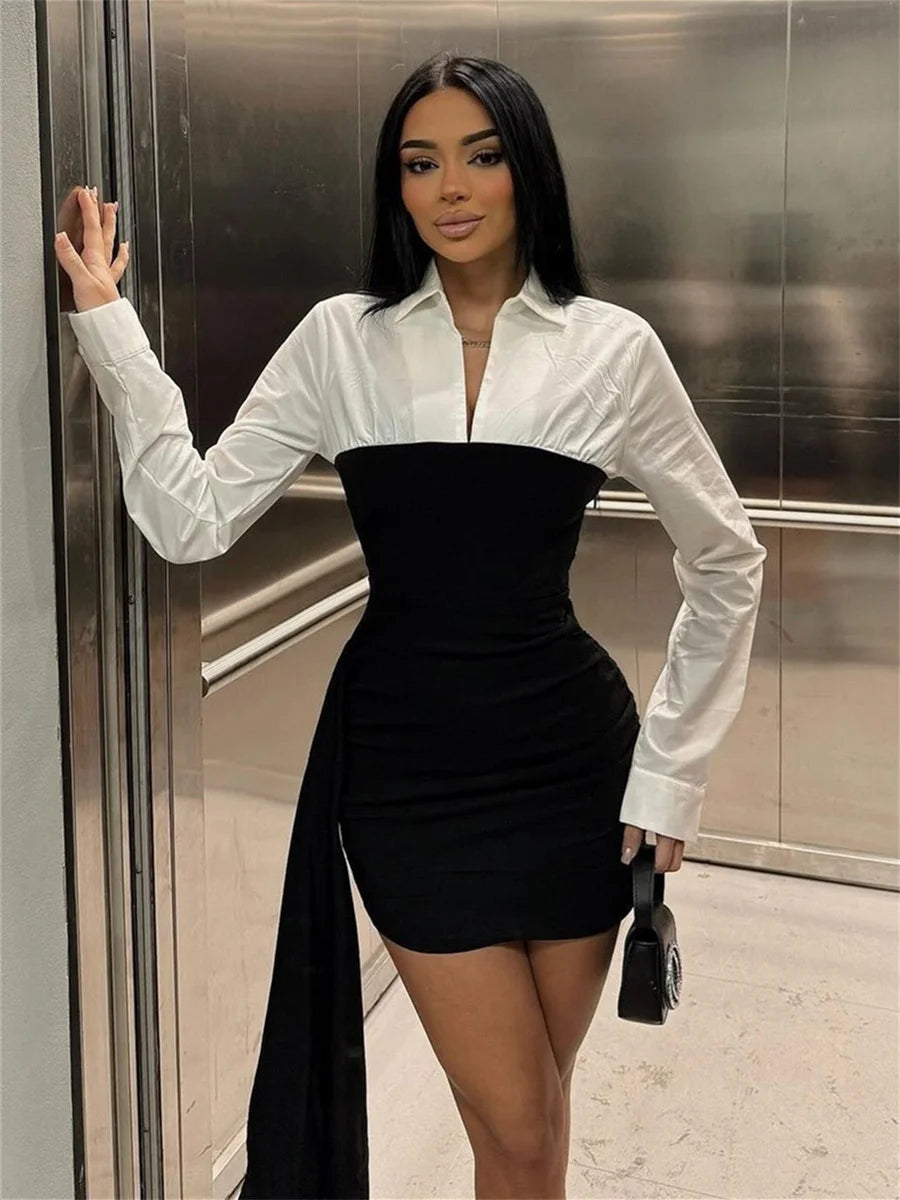 Color Blocking Dress Women Elegant Turn Down Collar Full Sleeve Ribbon Patchwork Fashion Party Club Peach Hip Bodycon