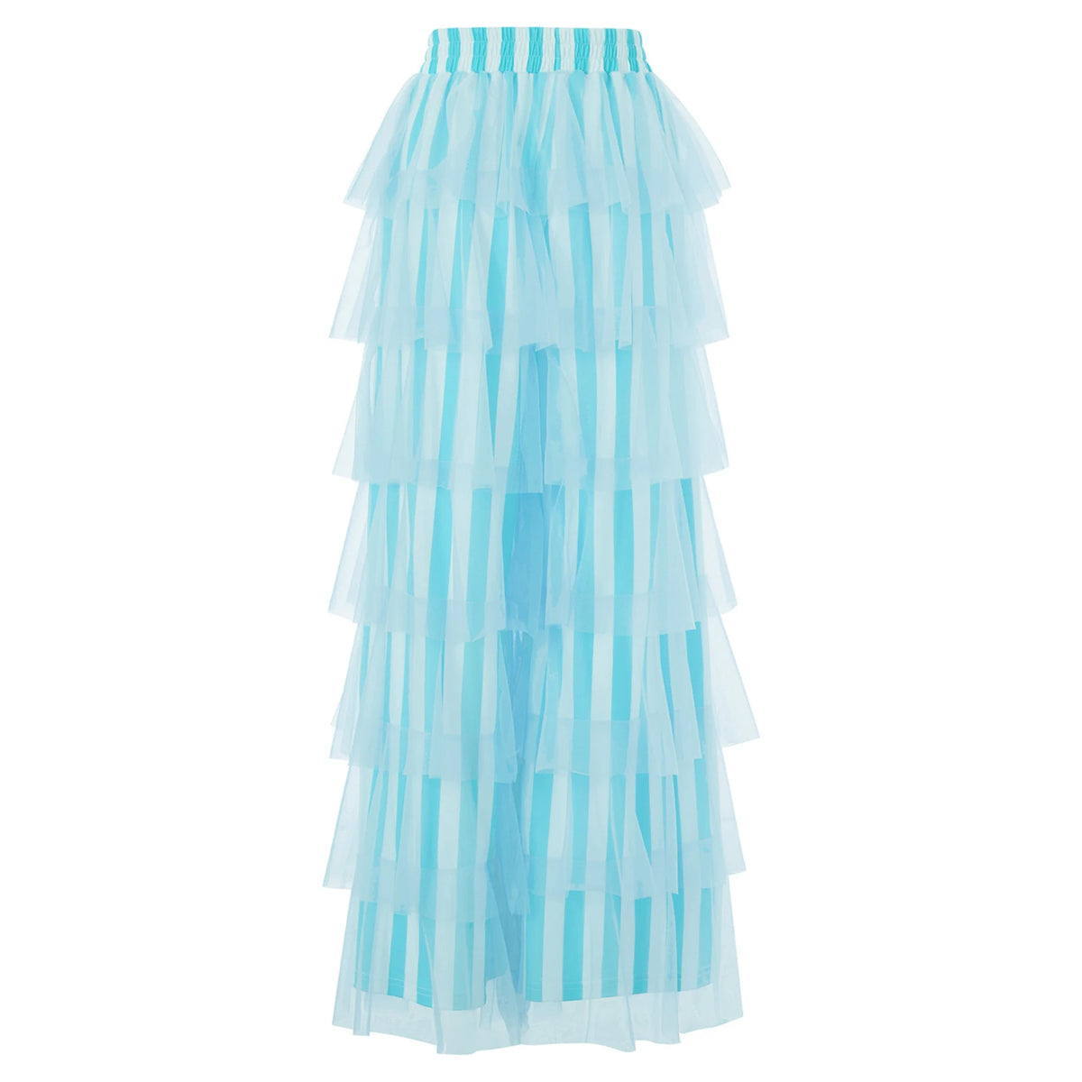 Women Striped Tiered Mesh Flare Pants High Waist Multi Layer Ruffle Tulle Wide Leg Bell Bottom Retro Streetwear Trousers