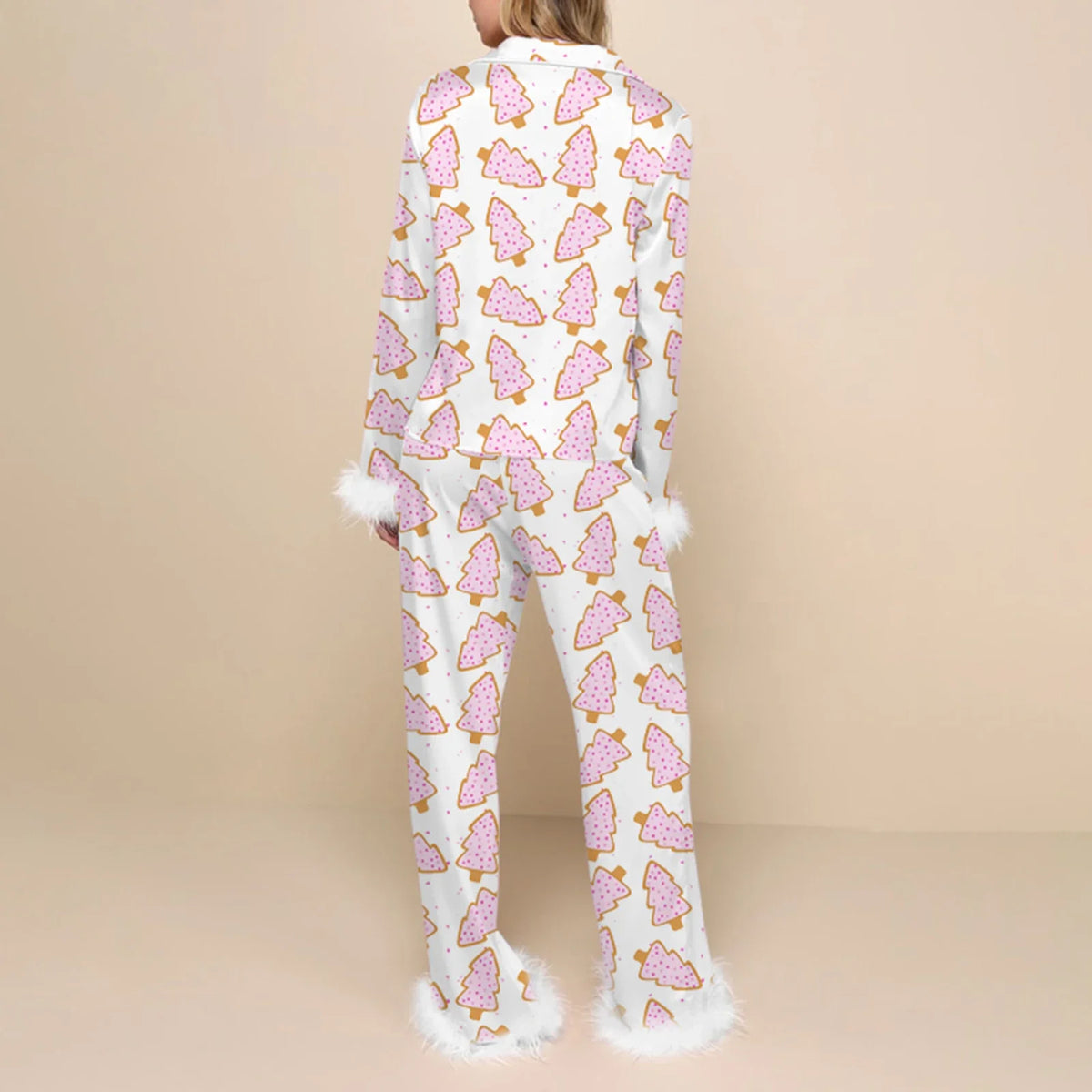 Christmas Pajamas for Women Feather Trim Button Down Long Sleeve Top and Pants Pj Set Soft Sleepwear Loungewear
