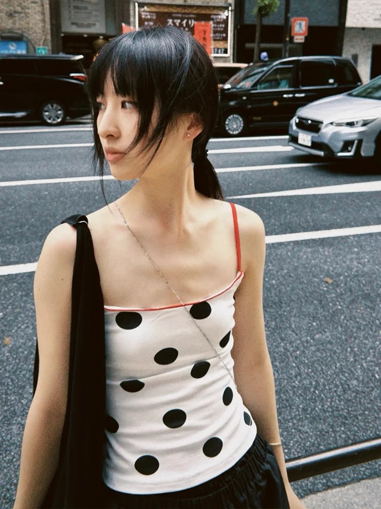 Polka Dot Print Camisole Women Simple Classic Backless Low-Neck Stretch Skinny Summer Street Daily Hottie Tank Tops