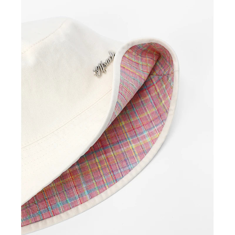 Reversible Pink Plaid & Beige Bucket Hat with Metal Logo for Women