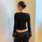 Black Long Sleeve Top with Fluffy Faux-fur Cuffs Fashion 2026 Fall Winter Clothes for Woman T Shirts