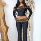 Fluff Leopard  2 Piece Set Women Slash Neck Backless Full Sleeve Crop Tops+Skinny Pants High Street Wild Style Suits