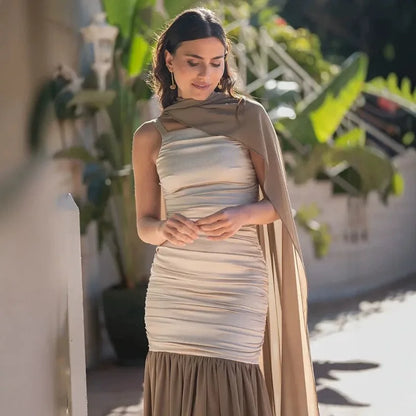 Sleeveless Pleated Maxi Dress with Scarf Satin Chiffon Patchwork Elegant Wedding Guest Dresses 2026
