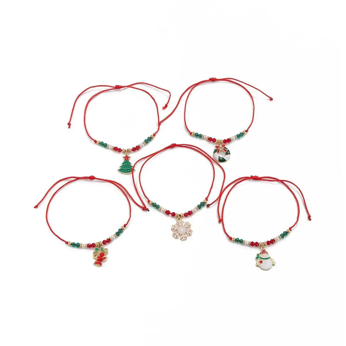 Christmas 5 Pcs/Set Adjustable Jewelry Set for Women with Snowman Snowflake Tree Pendant Cute Trendy Exquisite Rope Bracelets